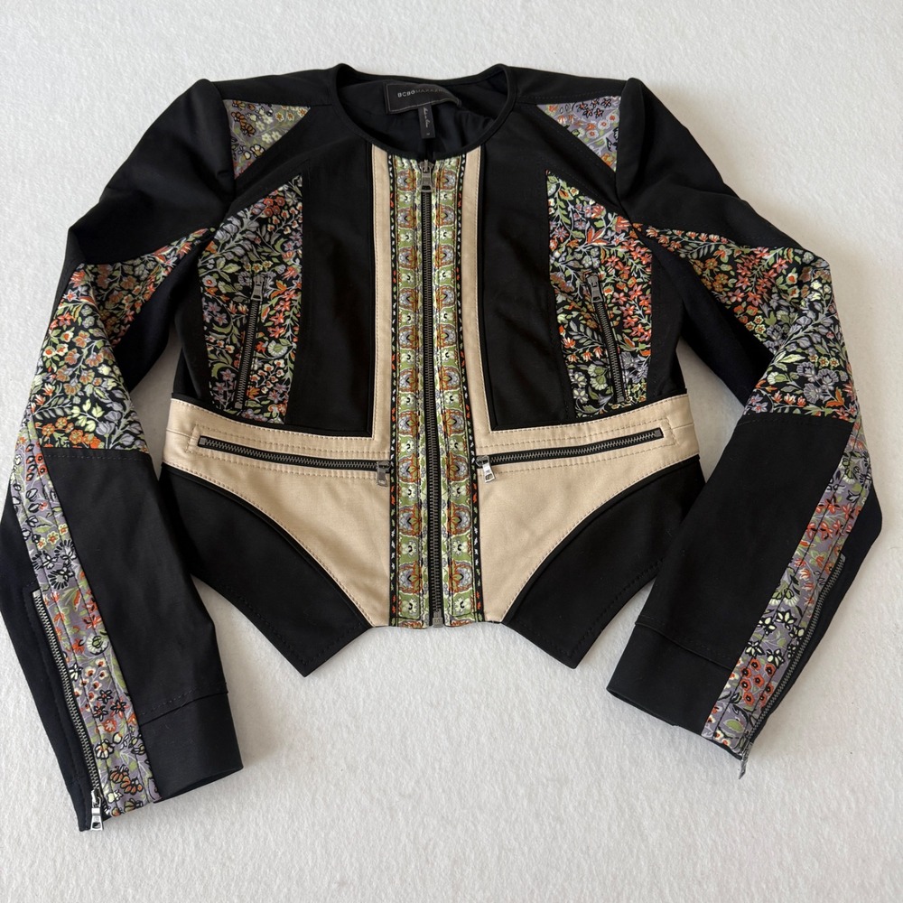 BCBGMAXAZRIA Neil Floral Patchwork Moto Jacket Womens Medium Black Multi